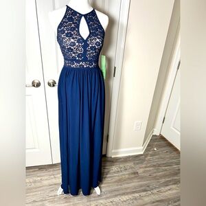 NWT Morgan & Co. Keyhole Halter Blue Floor Length Lace Evening Dress Size 1